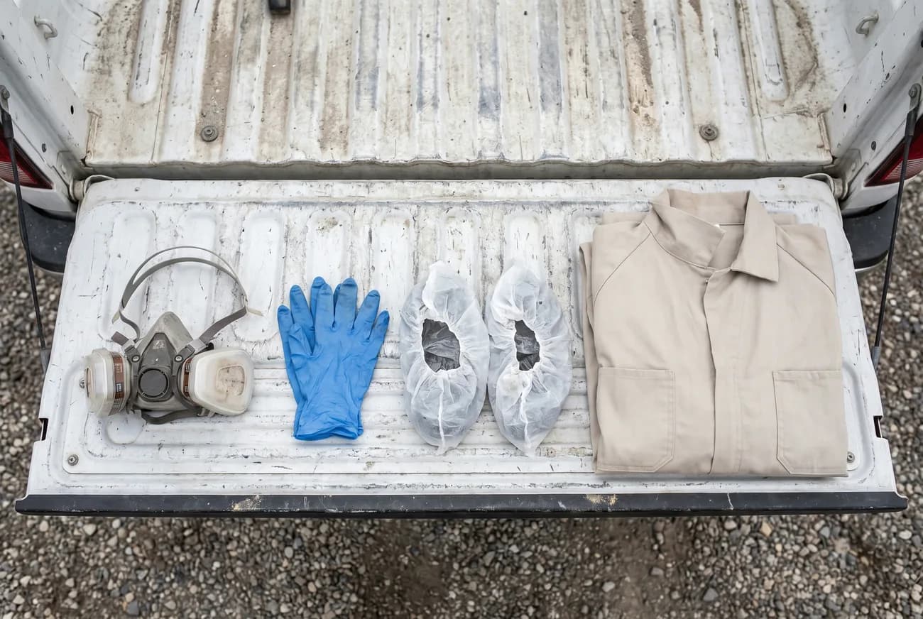 Respirator, gloves and protective equipment laid out on a truck tailgate