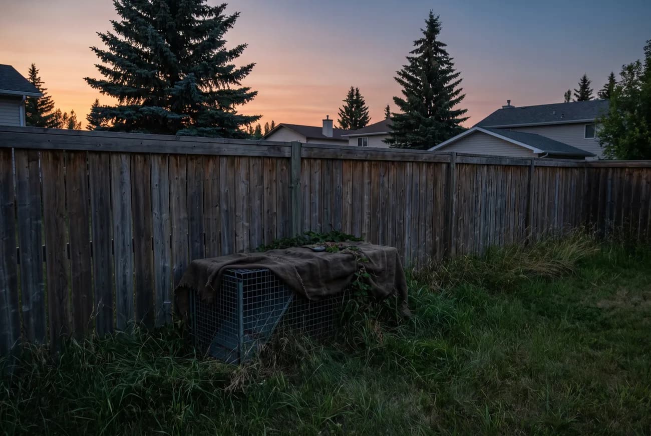 A covered humane cage trap placed along a backyard fence line at dusk