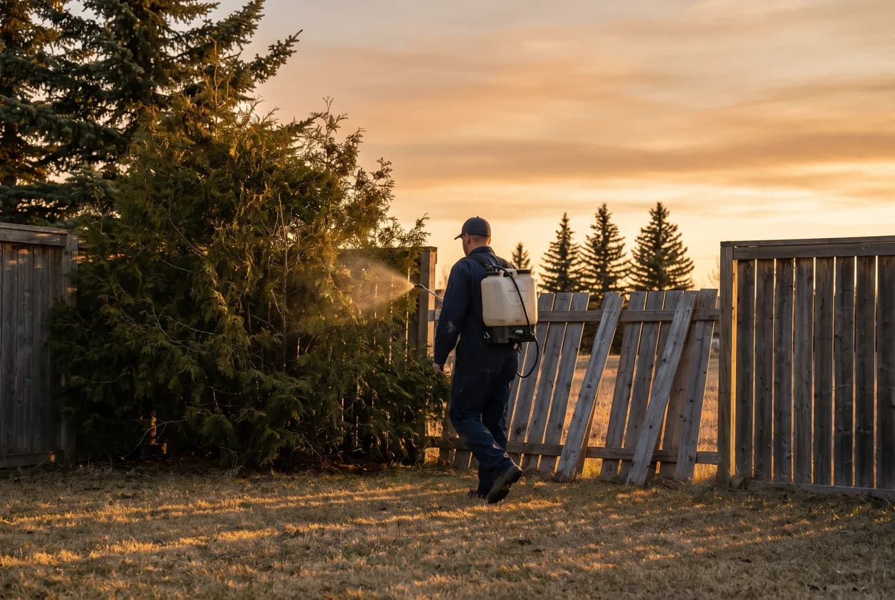 A technician treating a shrub and fence line with a backpack mister at dusk