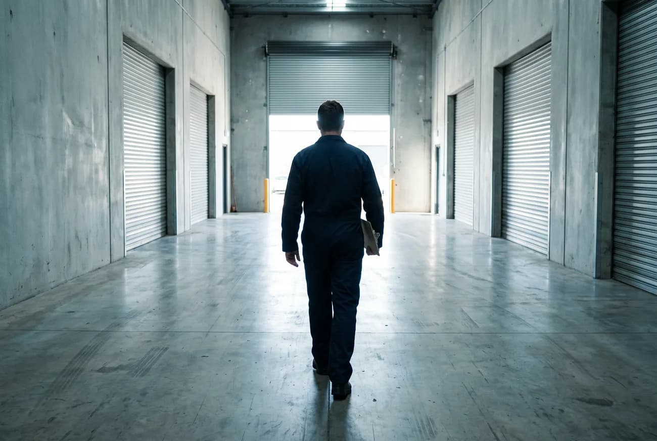A technician with a clipboard walking a clean warehouse loading dock