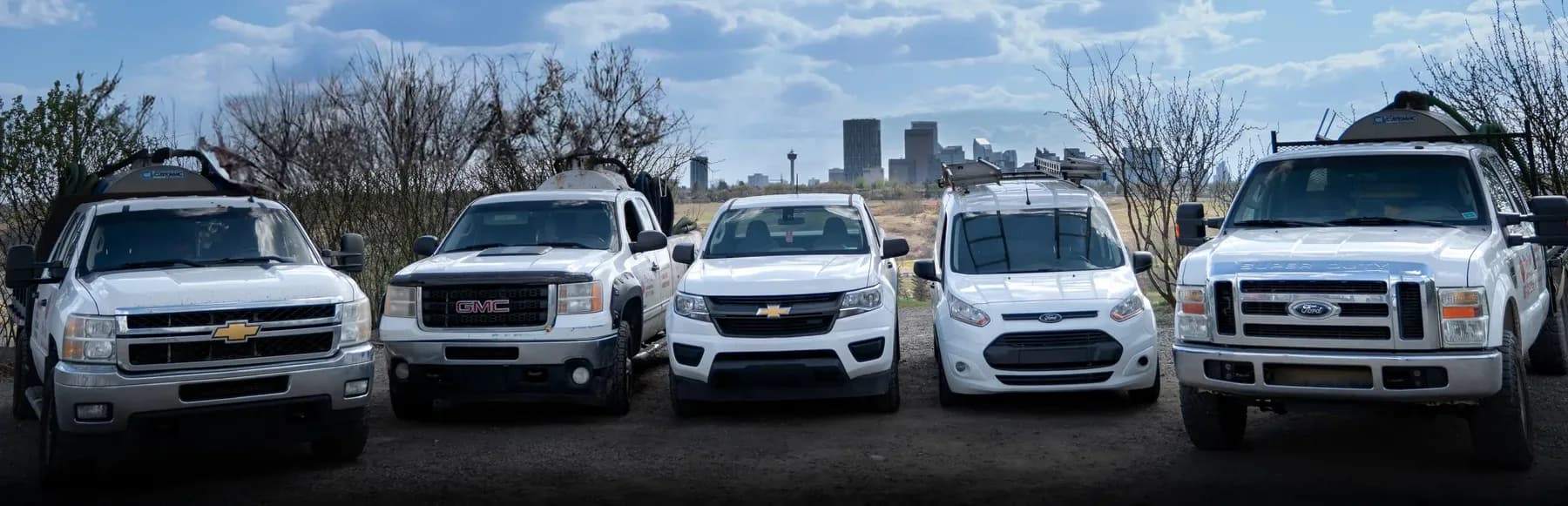 The Pro-Pest Solutions fleet of five service trucks lined up with the Calgary skyline behind