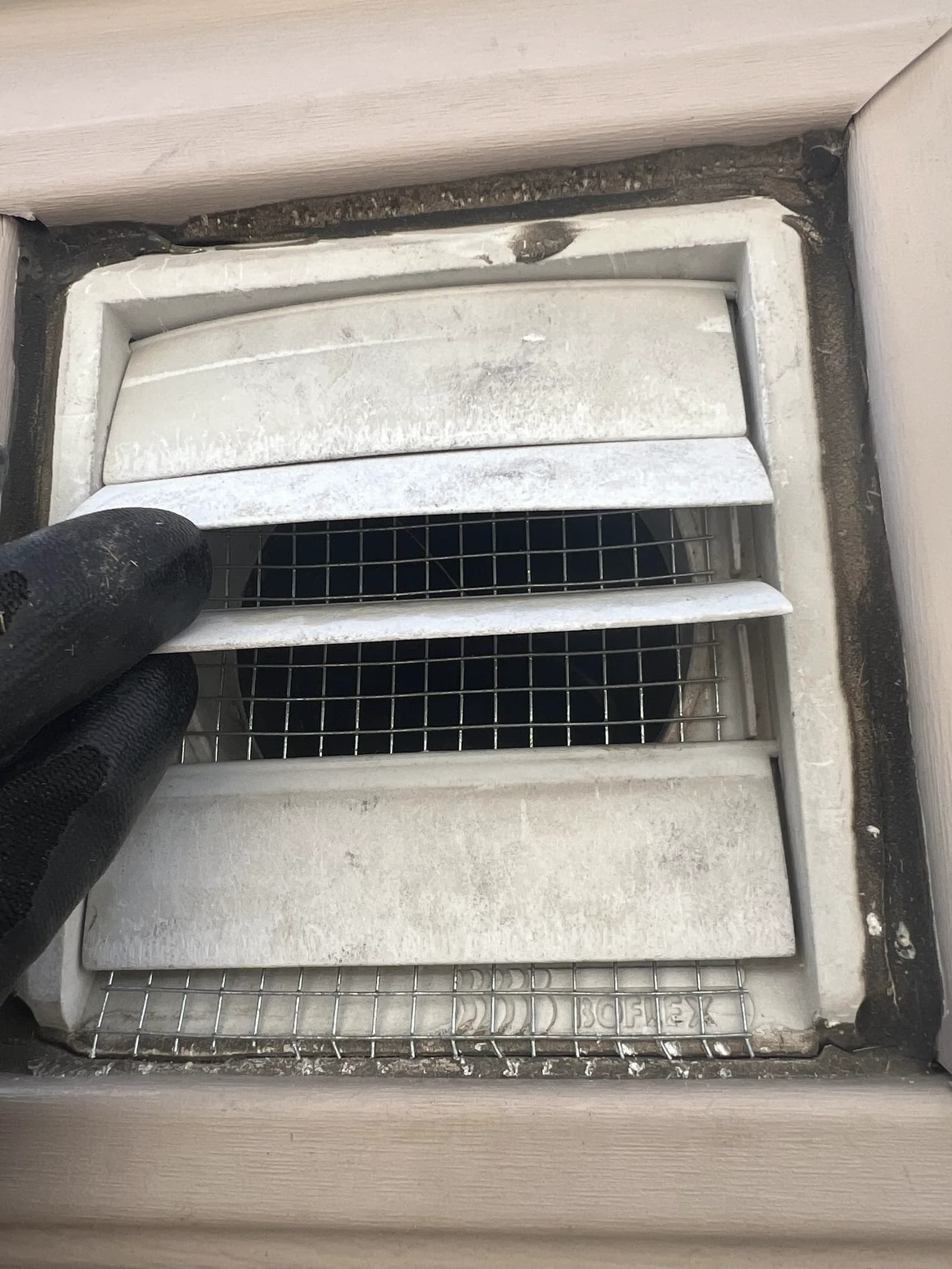 Wire mesh fitted behind a louvered exterior vent