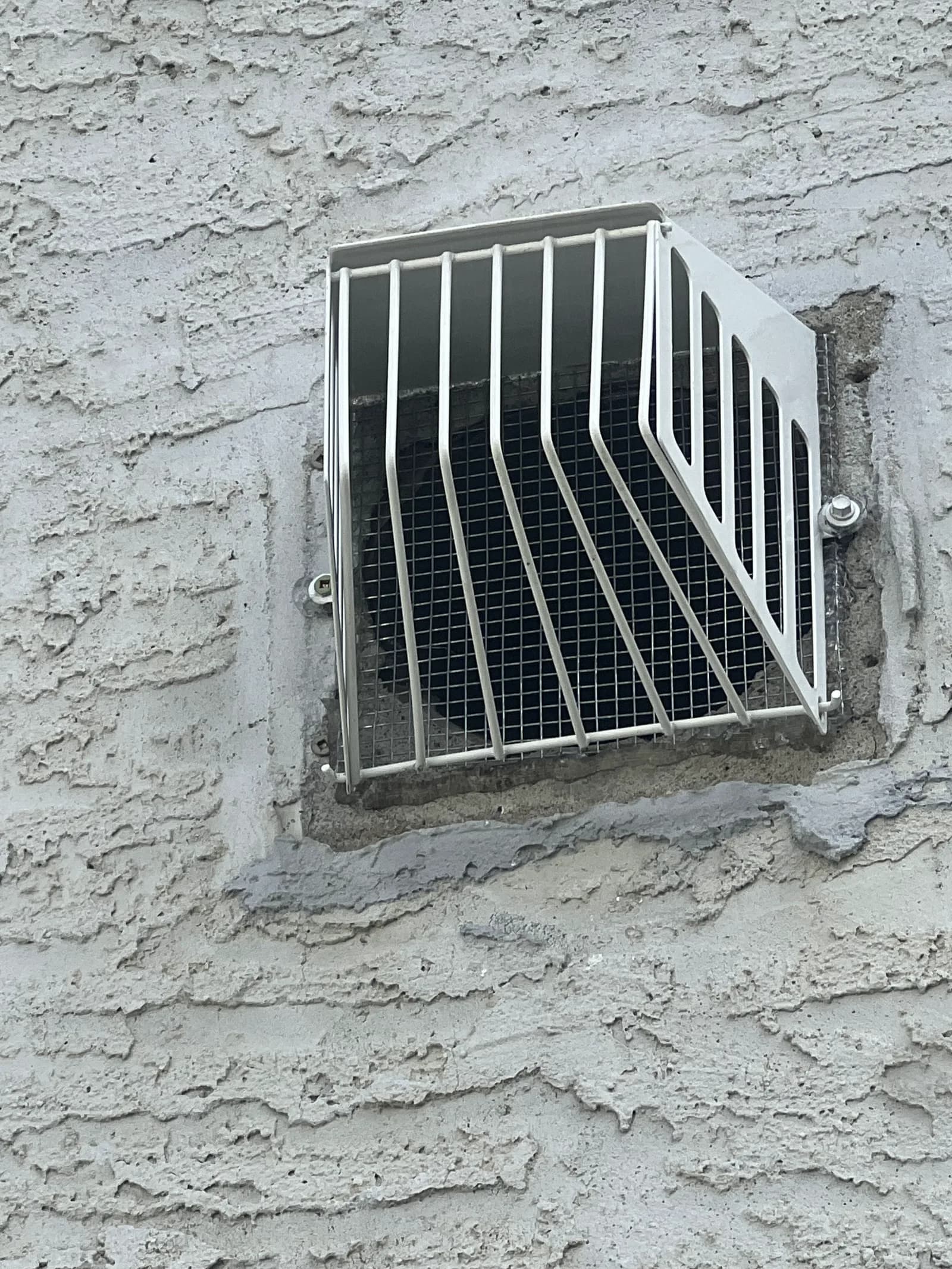 A wall vent screened with bolted wire mesh