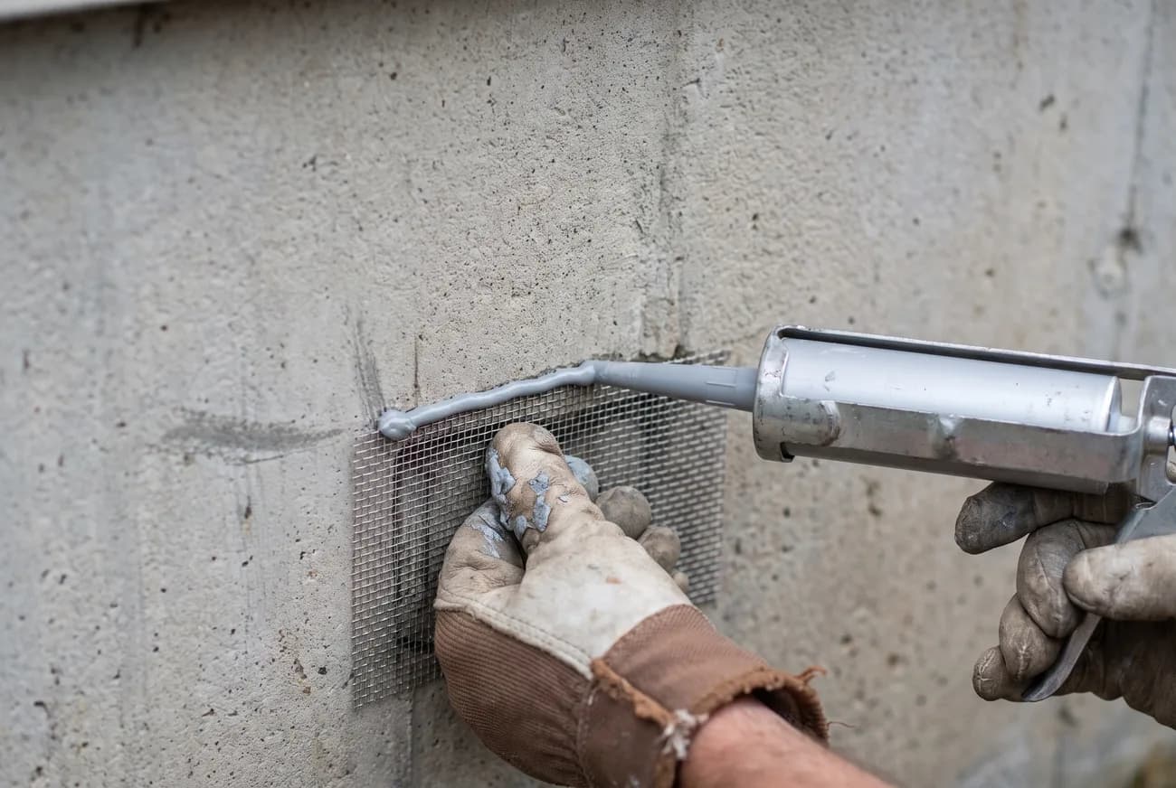 A gap along a house foundation being sealed