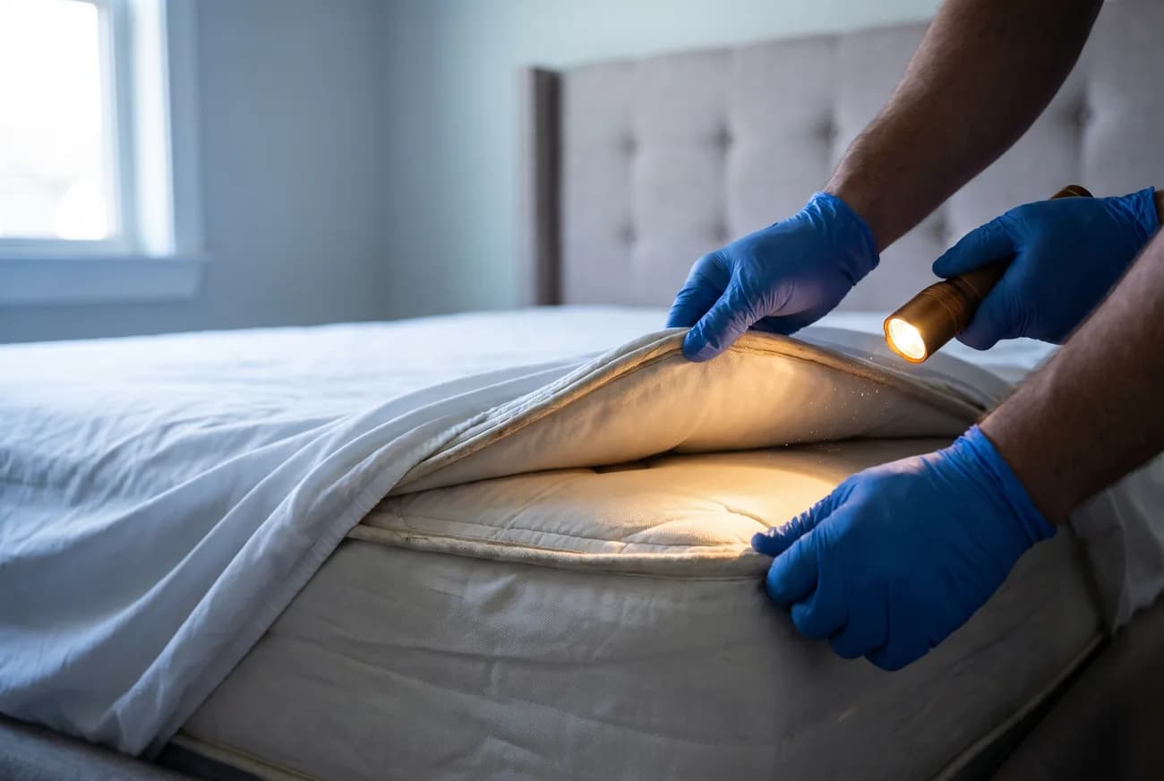 A technician inspecting a mattress seam with a torch