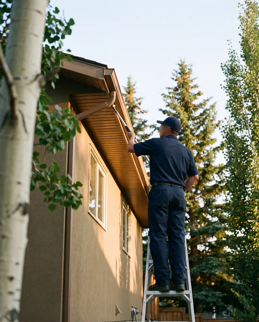 A technician on a ladder working at a house soffit with an extension pole