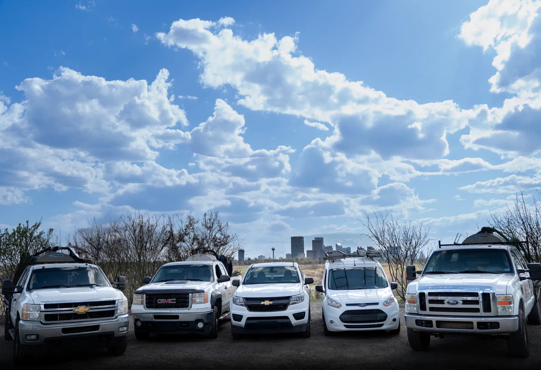 A Pro-Pest Solutions truck parked with the Calgary skyline behind