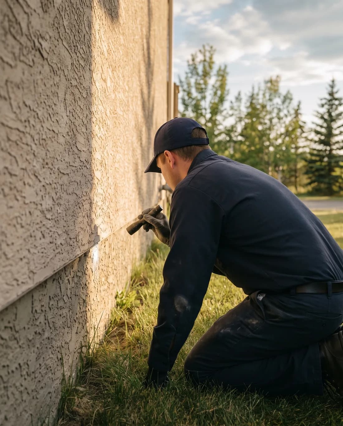 A technician inspecting the foundation line of a Calgary home