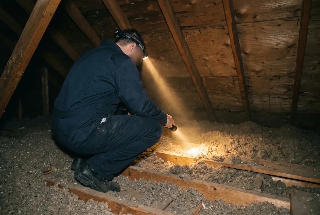 A technician with a headlamp inspecting attic joists and insulation