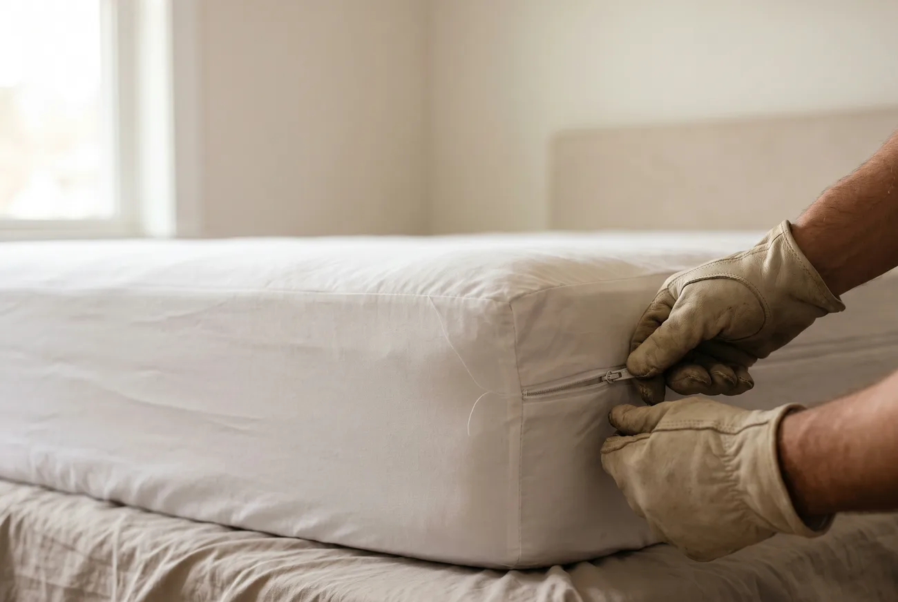Gloved hands fitting a white mattress encasement over a mattress corner