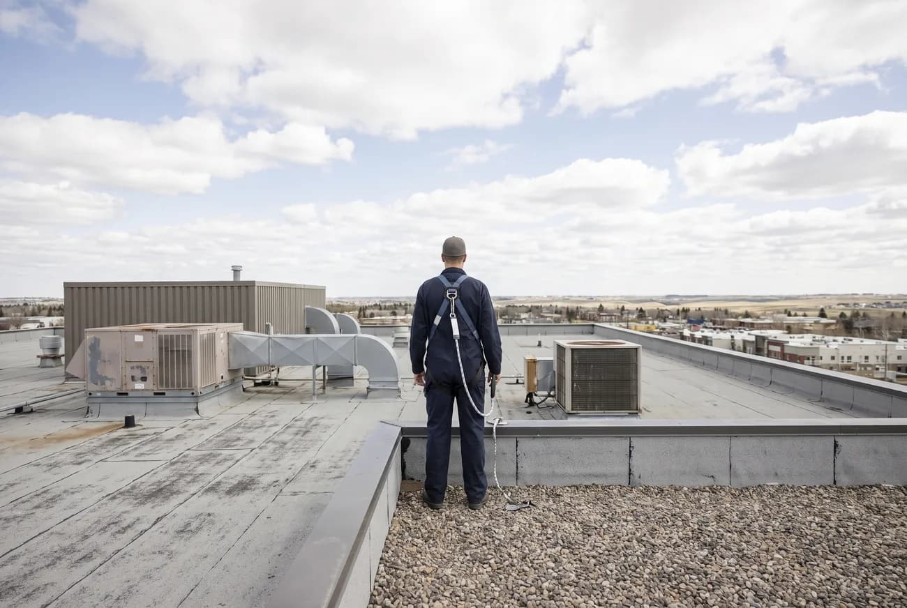 A technician in a fall-protection harness surveying a commercial flat roof at the parapet