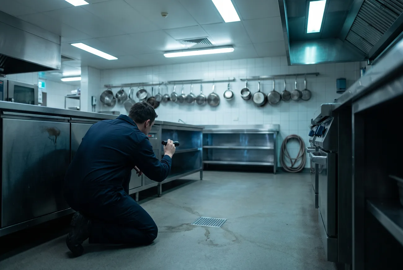 A commercial kitchen line being inspected beneath stainless counters