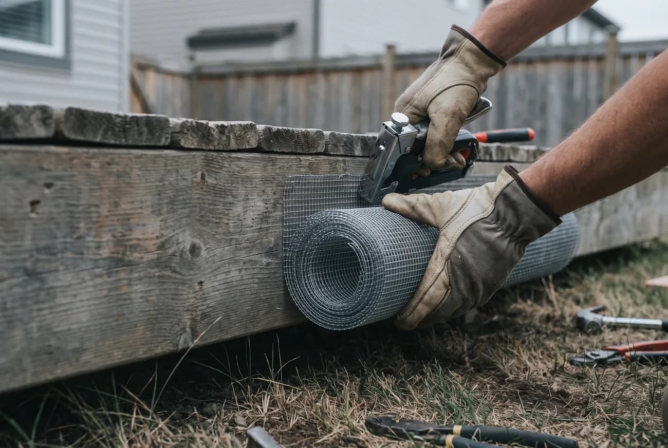Galvanized steel mesh skirting being fitted along the base of a wooden deck