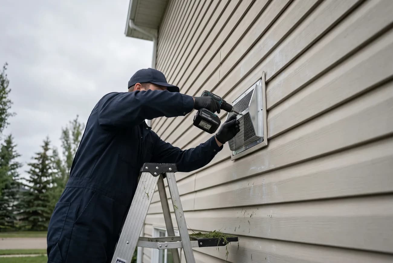 A technician on a ladder fitting a screened guard over an exterior wall vent