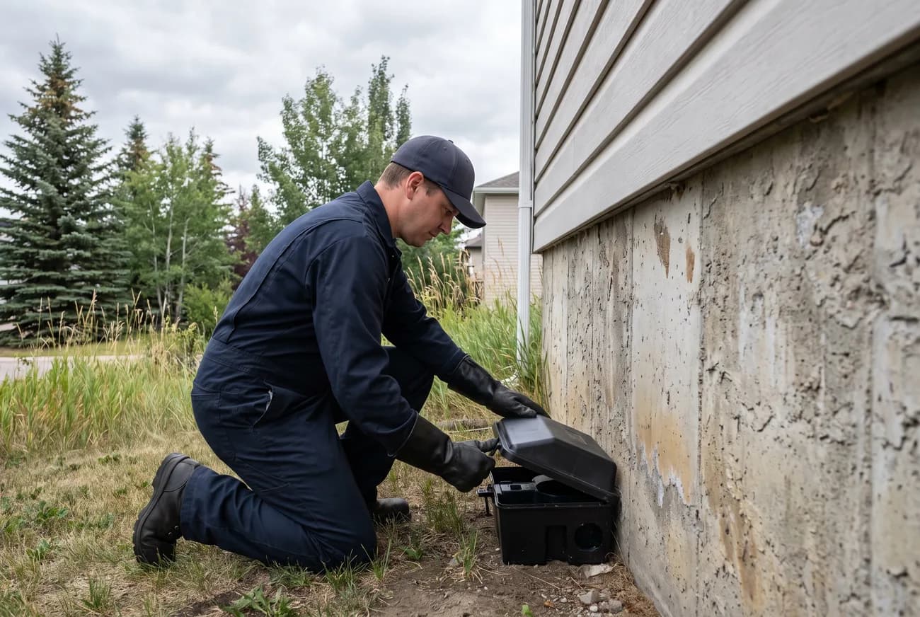A technician kneeling to service a tamper-resistant bait station along a foundation line