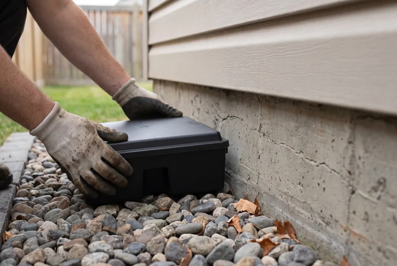 A tamper-resistant bait station placed along a building foundation