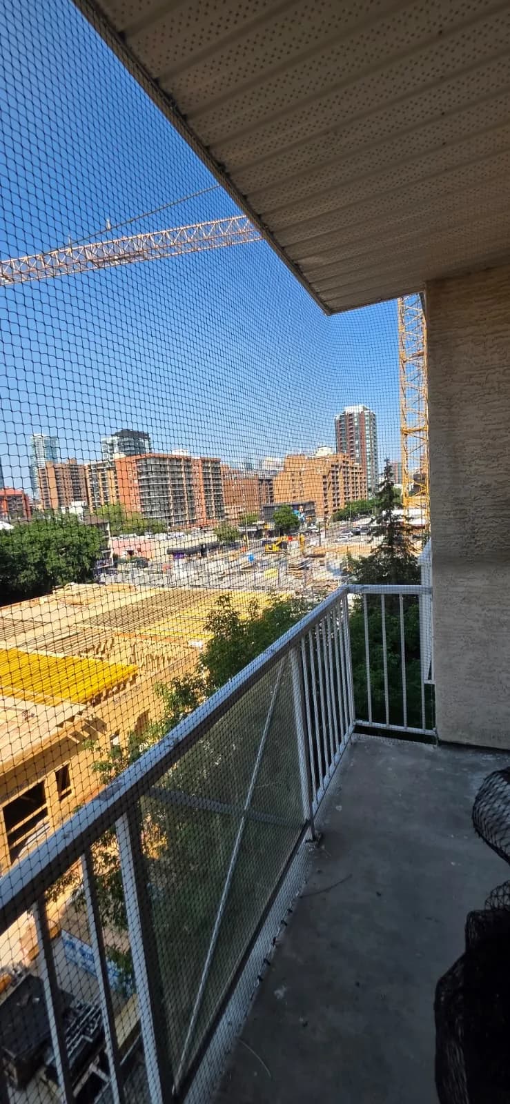 A balcony enclosed with bird netting overlooking the Calgary skyline