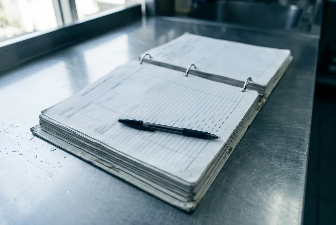 A pest-control service binder lying open on a stainless prep counter