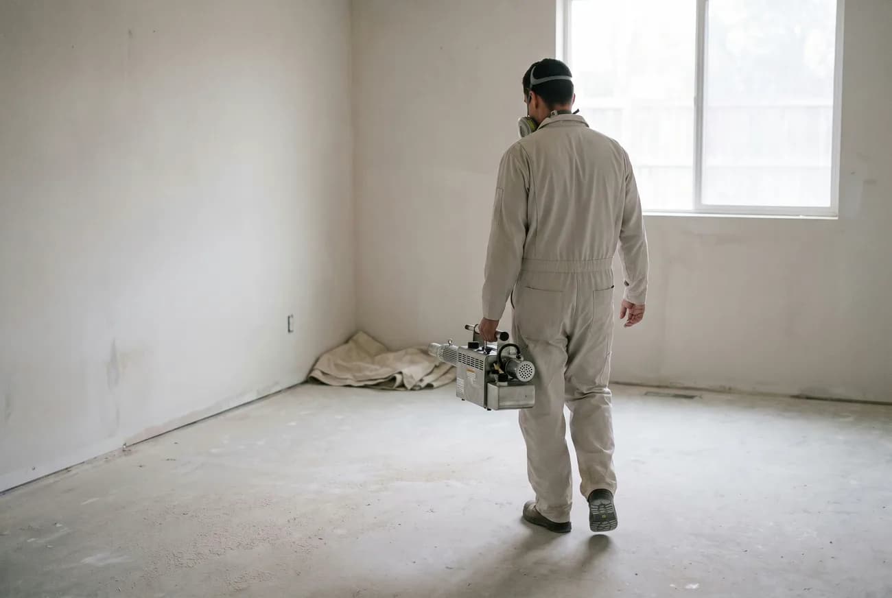 A technician in protective equipment carrying a compact fogging unit in a cleared room