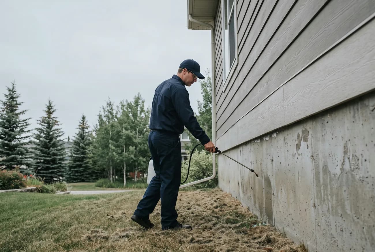 A technician applying a low band treatment along a house foundation