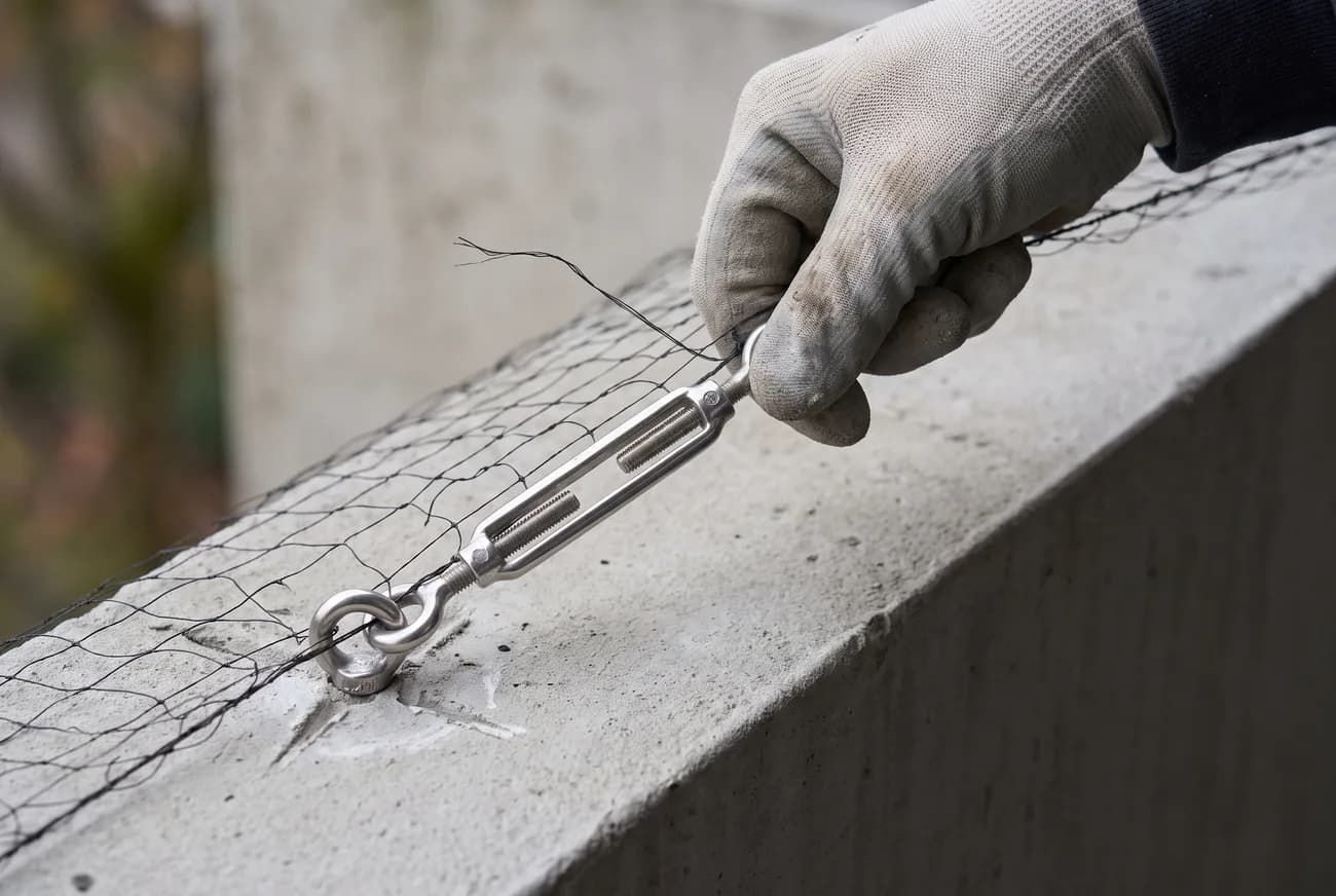 Close-up of exclusion netting tensioned onto a stainless steel anchor