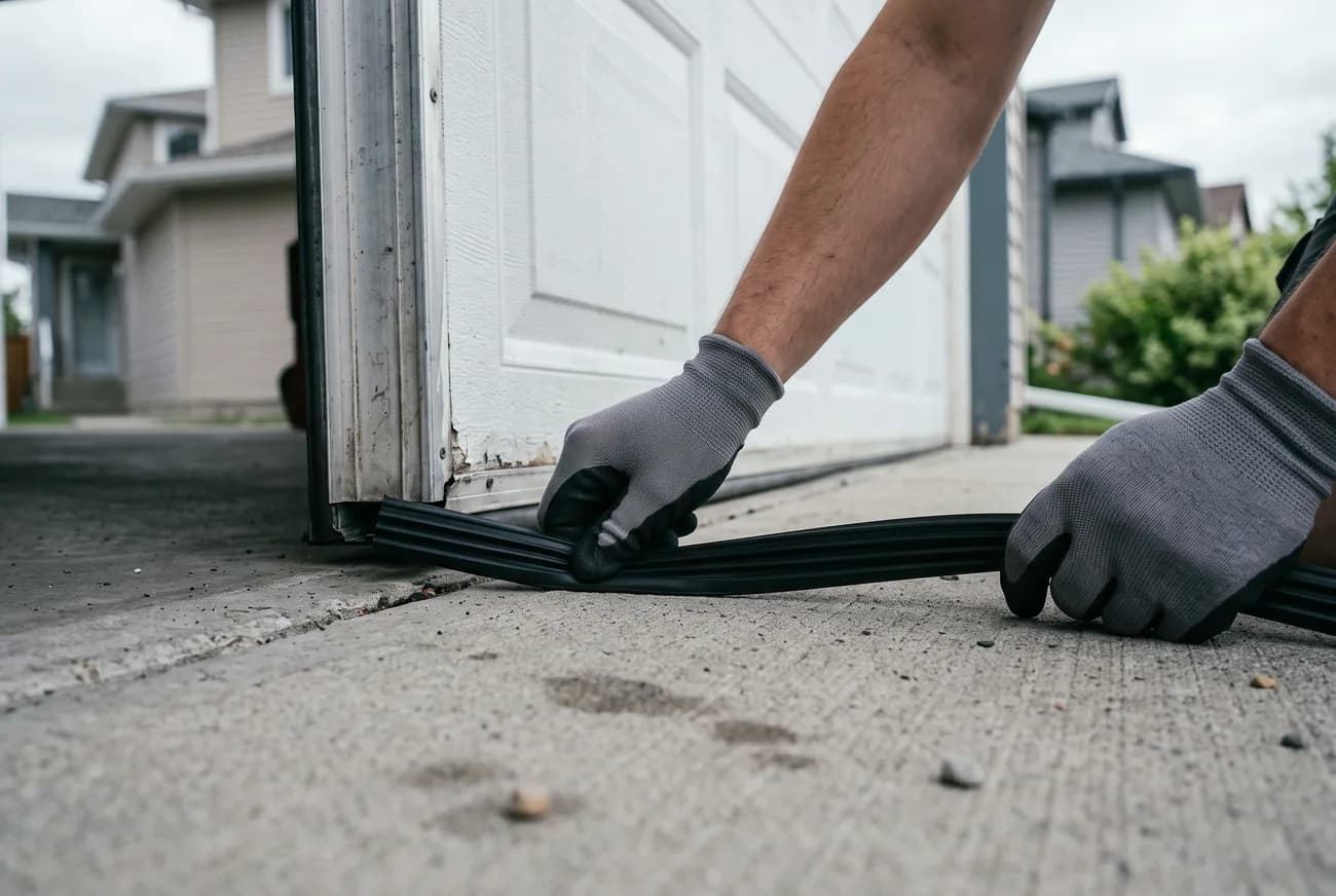 Gloved hands fitting a new rubber threshold seal under a garage door
