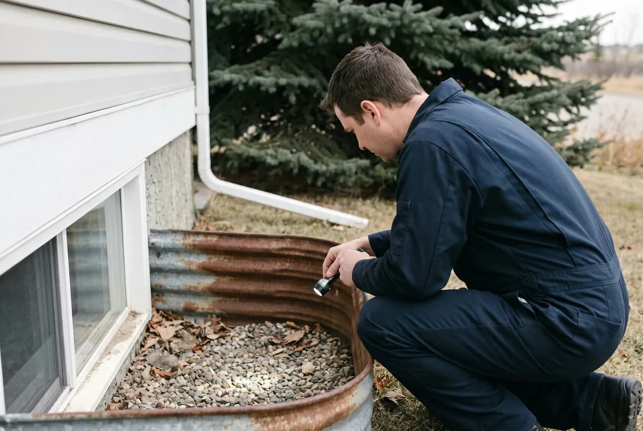 A technician crouched at a basement window well, inspecting with a flashlight