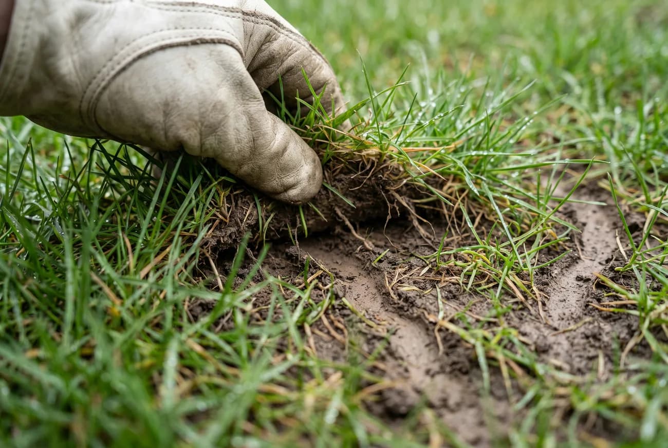 A gloved hand parting spring turf to reveal winding vole runways in the lawn