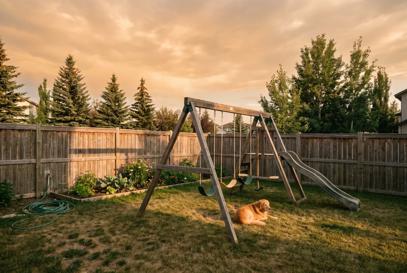 A quiet residential backyard at dusk in summer