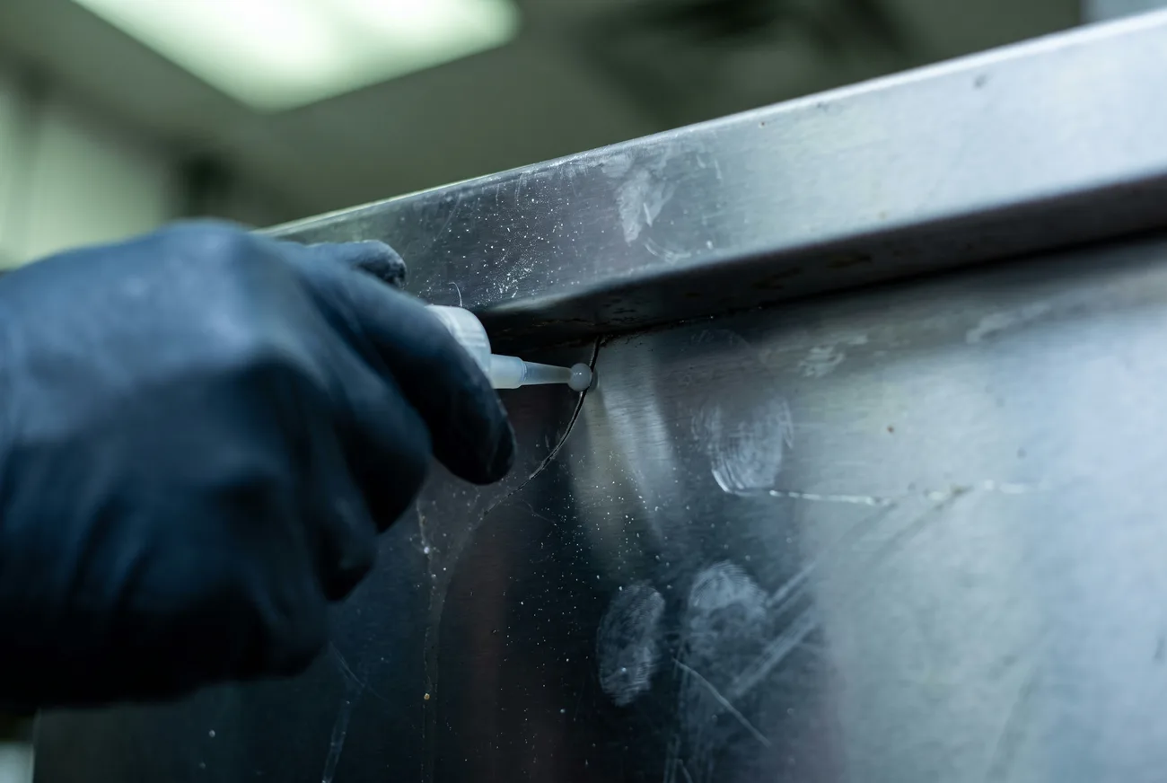 A gloved hand applying a bead of gel bait beneath a stainless counter edge