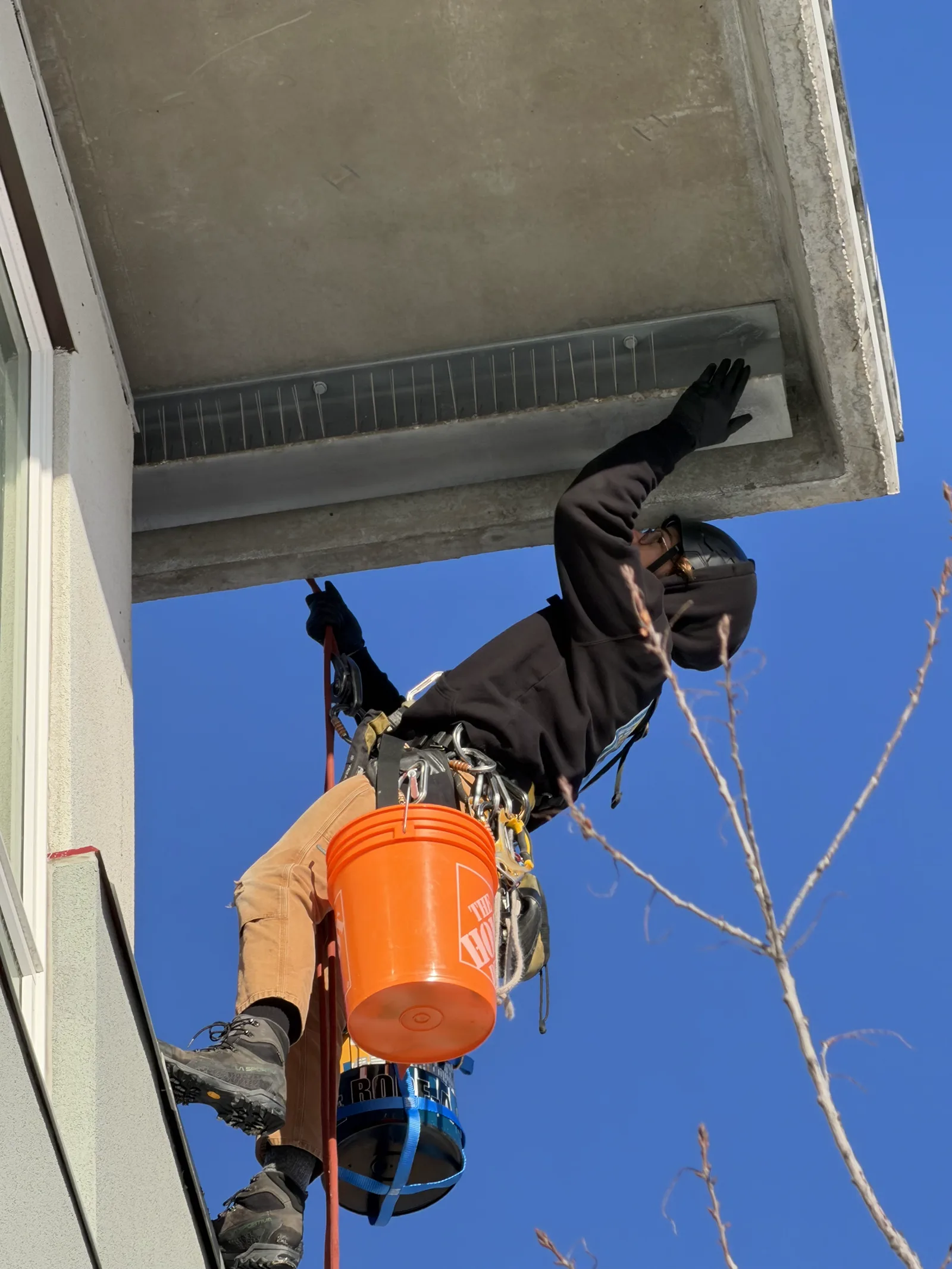 A rope-access technician installing bird spikes beneath a high-rise ledge